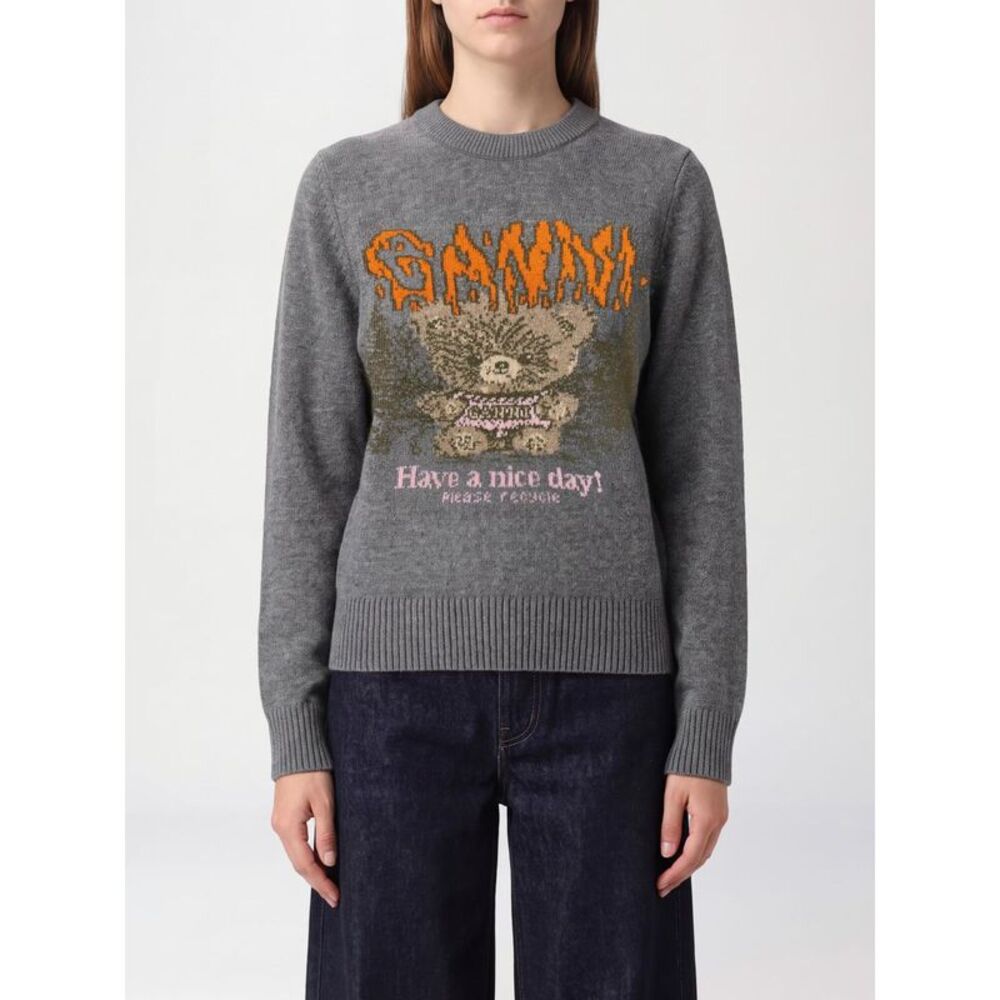 Ganni Women Merino Wool Blend Crewneck Jumper Ganni With All-Over Jacquard Logo